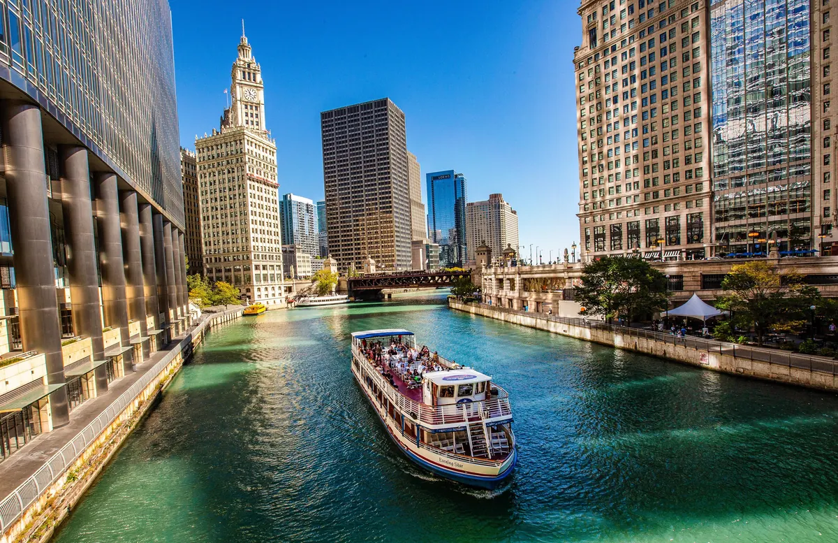 Chicago River architecture cruise passing the Wrigley Building and Tribune Tower