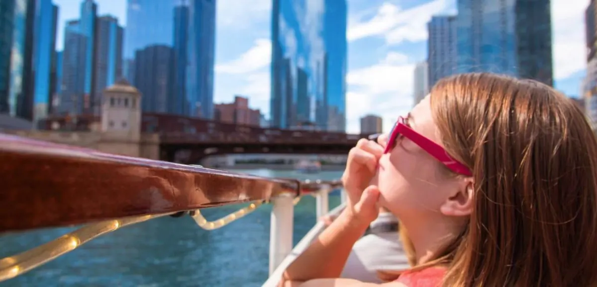 Chicago's First Lady cruise passing riverside architecture